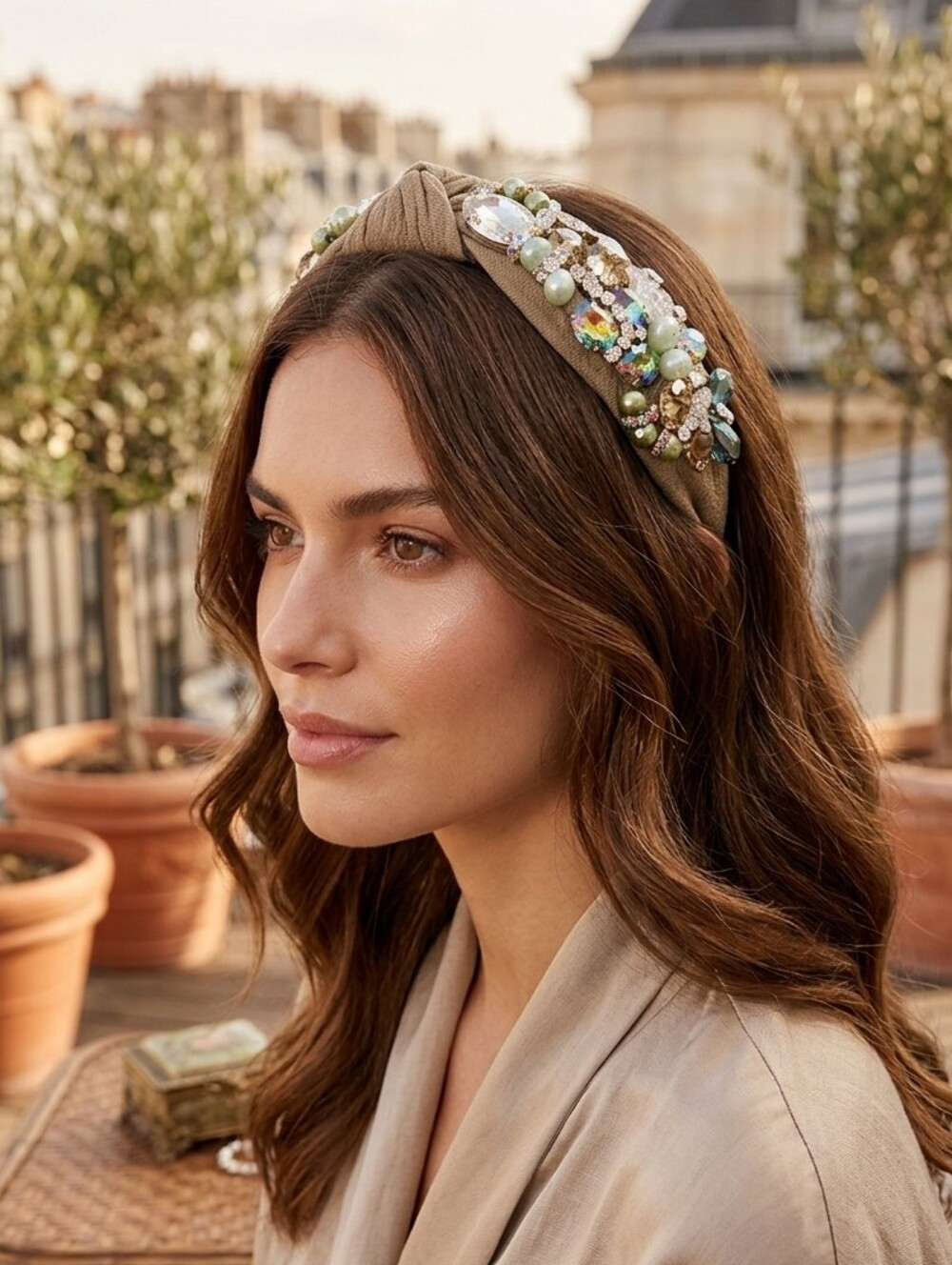 Embellished Satin Headband in Neutral Sage Taupe With Jeweled Accents NWOT
